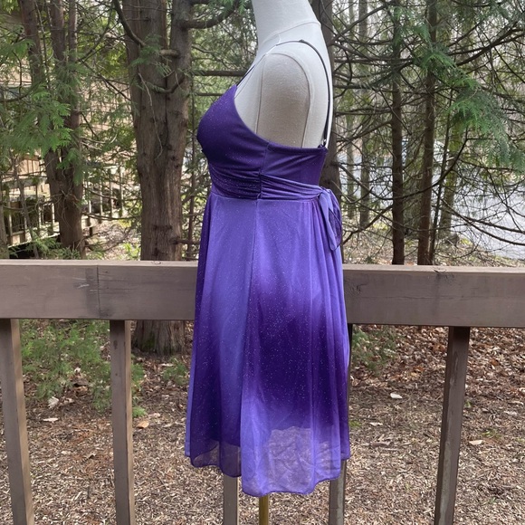 Purple Glitter Ruby Rox Mini Dress Lavender Ruched Spaghetti V-Neck Prom Dress - Picture 7 of 12